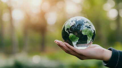 hand holding glass globe depicting Earth, surrounded by natural setting. image conveys sense of environmental awareness and care for planet
