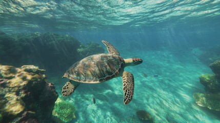 Obraz premium Majestic Sea Turtle Swimming Among Vibrant Coral Reefs in Clear Tropical Waters, Sunlight Reflection on Shell