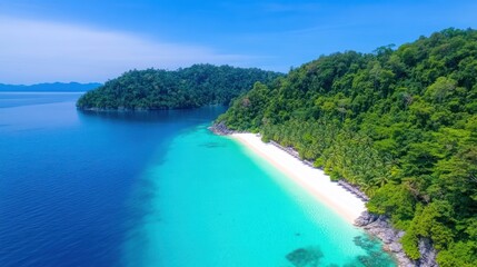 Aerial view of a serene tropical beach with lush greenery.