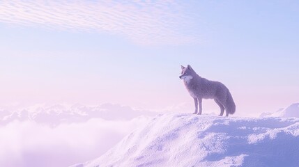 Fototapeta premium Majestic Wolf on Snowy Hilltop - Stunning Winter Wildlife Photography with Pale Blue Skies and Detailed Features