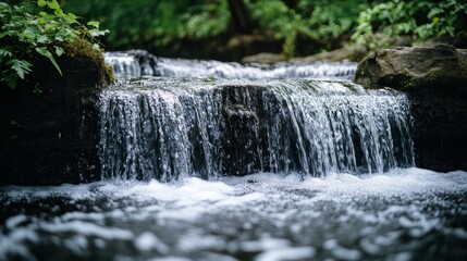 Fototapeta premium A serene waterfall cascading over rocks in a lush, green forest setting.