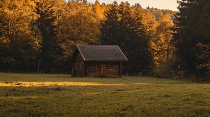 Cabin sits in a clearing with golden trees.