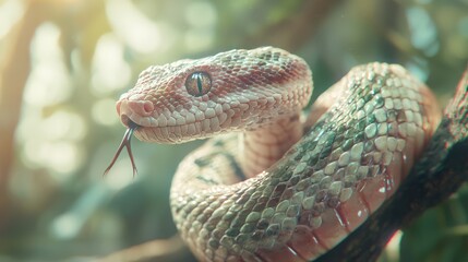 Fototapeta premium Sinister Venomous Viper: Intense Close-up of Coiled Serpent with Glistening Scales in Jungle Habitat