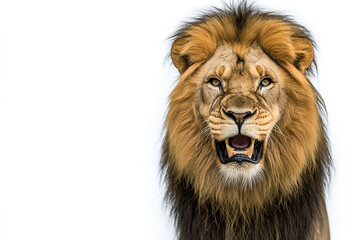 Fototapeta premium Majestic lion roaring with powerful expression, showcasing its impressive mane and fierce gaze. This striking image captures essence of wildlife beauty and strength