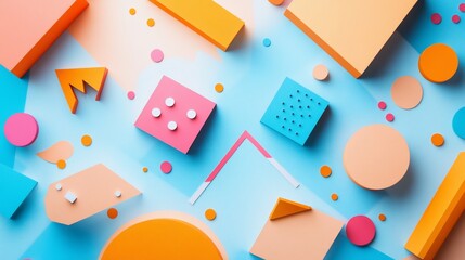 Colorful geometric shapes on light blue background.