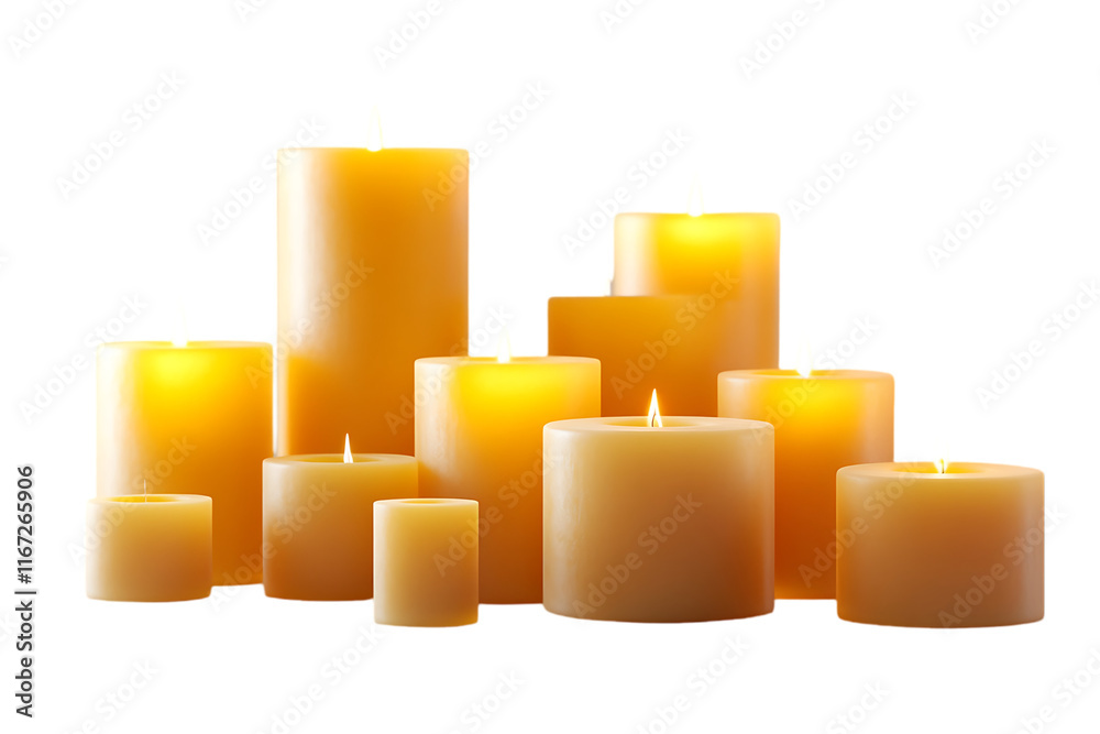 Poster a collection of lit yellow candles arranged in various heights and sizes.