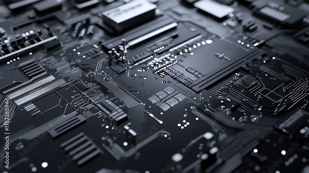 Poster complex dark circuit board with small components.