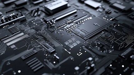 Fototapeta premium Complex dark circuit board with small components.