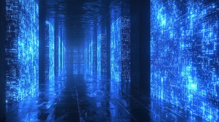 Blue luminous data columns in a long, dark corridor. Background use.