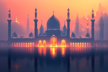 Majestic Mosque at Sunset Reflecting on Calm Water
