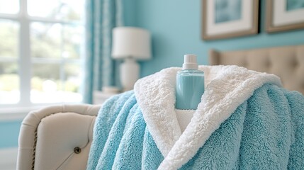 Blue robe and toiletries on chair in serene bedroom.