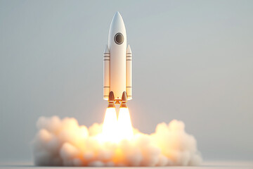 rocket taking off against grey background, surrounded by clouds and flames, symbolizes innovation and exploration. powerful launch evokes excitement and wonder