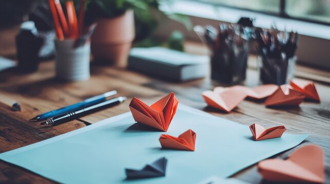 Valentine Handmade Concept, DIY Origami Heart Setup for Valentine's Day Hand-Folded Crafts on a Wooden Table with Art Supplies
