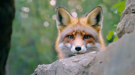 Fototapeta premium Curious Red Fox: Vibrant Wildlife Portrait in Serene Forest Setting