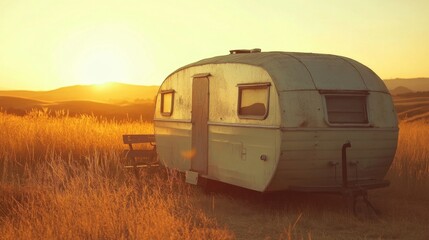 Vintage Caravan at Golden Hour in a Scenic Landscape