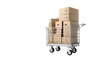 Logistics Delivery Trolley with Stacked Cardboard Boxes Isolated on a Clean White Background