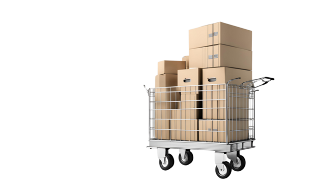 Logistics Delivery Trolley with Stacked Cardboard Boxes Isolated on a Clean White Background