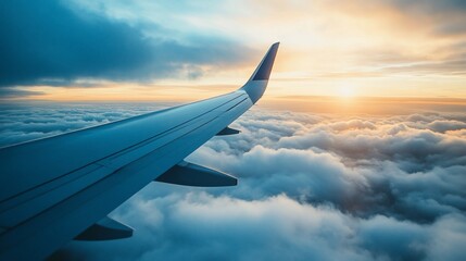 Plane wing flies above cloudy sunset.