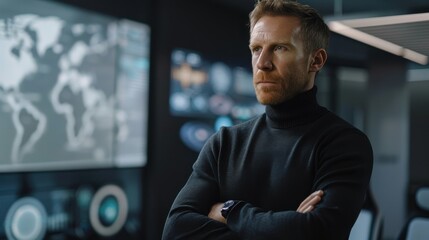 A Caucasian CIO with a visionary look, dressed in a modern black turtleneck and grey tailored trousers, overseeing a digital transformation project in a sleek office environment filled with futuristic