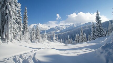 Obraz premium Snowy mountain path with firs and blue sky.