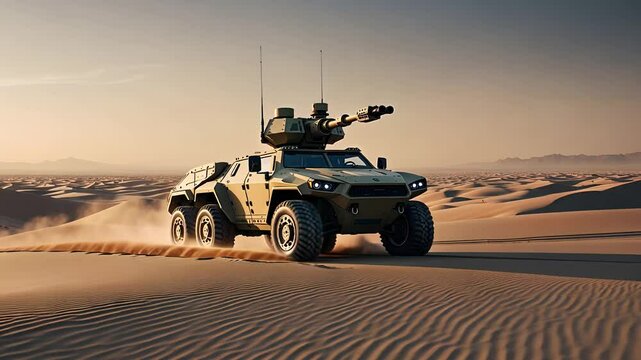 Armored Military Vehicle Navigating Through Desert Terrain with Advanced Weaponry and Communication Systems

