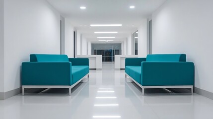 Minimalist Corporate Workspace with Sleek Blue and White Furnishings