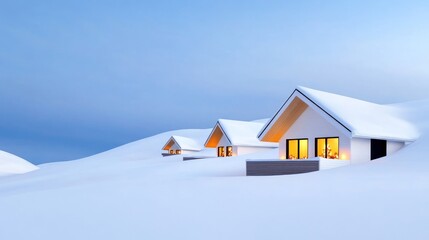 Snow-covered houses glowing warmly in a winter landscape.