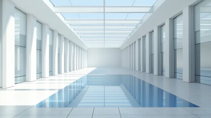 Obraz premium Clean and Bright Architectural Hallway with Reflective Glass Surfaces