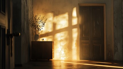 Sunlight streams on cabinet, door, and plant.