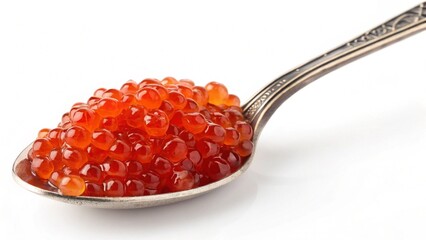 Red salmon roe in dessert, wooden spoon, on white background. Culinary delicacies, recipes.