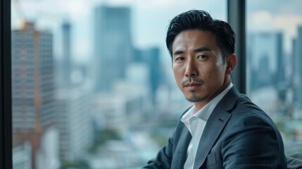 Fototapeta premium An East Asian CEO with a slicked-back hairstyle, dressed in a tailored charcoal suit and a crisp white shirt, discussing growth projections in a sleek boardroom with panoramic city views
