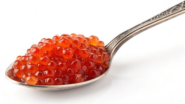 Red salmon roe in dessert, wooden spoon, on white background. Culinary delicacies, recipes.