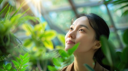 An esteemed East Asian scholar extolling virtues of cleansing balms while pictured in a botanical conservatory, admiring luscious greenery flourishing abundantly under her watchful eyes, copy space