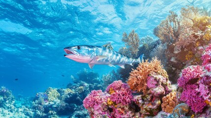 Obraz premium Fierce Barracuda Patrolling Coral Reef - Underwater Predator of the Deep
