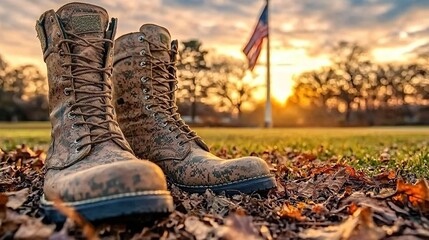 Camo boots on autumn leaves, US flag at sunset.