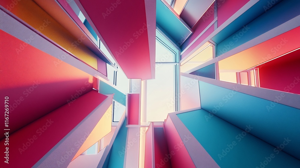 Poster Colorful blocks form abstract pattern, light at the end.