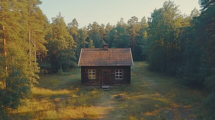 Cabin in forest at dusk, with tall trees, for nature or travel images.