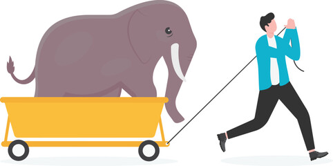 businessman pull elephant that standing on cart, Effective Leadership, power, hardship, career burden concept

