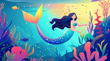 Enchanting Mermaid Swimming in Sea Captured with Young Girl and Fish Tail