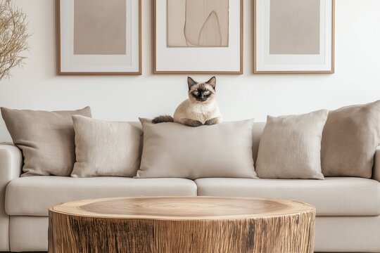 This cozy home interior features wood accents, a plush sofa with multiple cushions, and a charming cat adding warmth. Explore beautiful cozy home ideas!