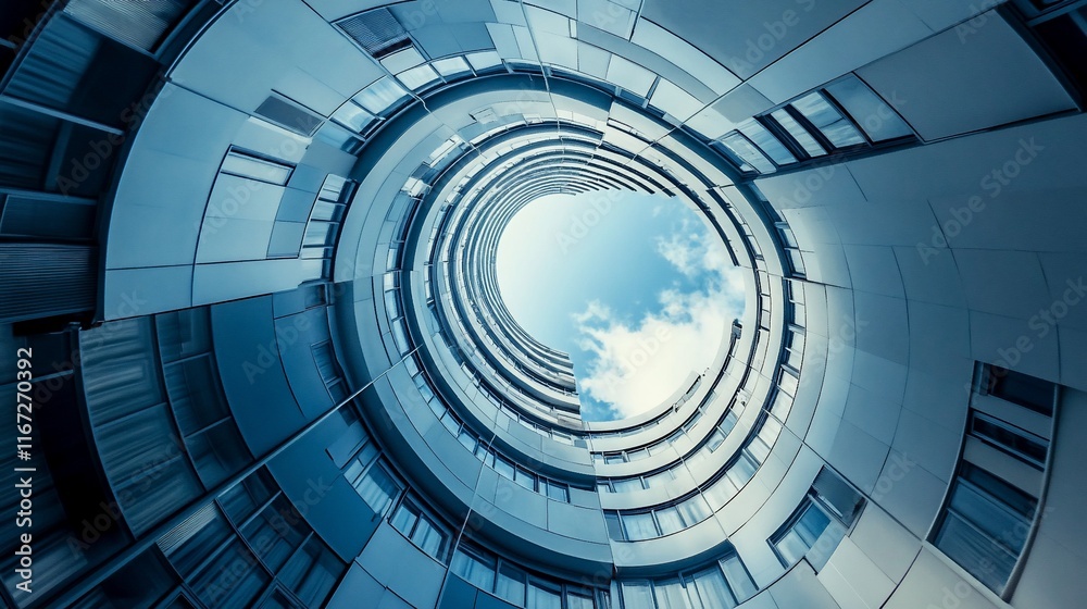 Aufkleber Blue circular building view from bottom to sky.