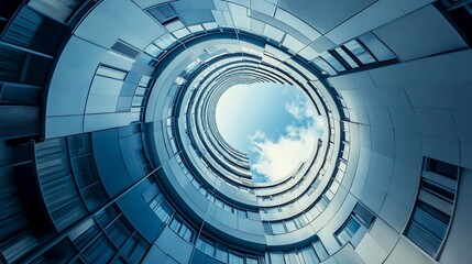 Fototapeta premium Blue circular building view from bottom to sky.