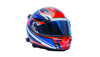 A colorful racing helmet designed for motorsport safety and performance.