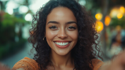 Fototapeta premium Smiling young Hispanic woman taking selfie in urban setting