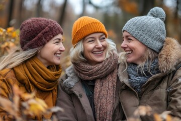 Three happy women smiling and enjoying autumn day outdoors