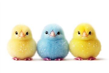 Three colorful baby chickens standing in a row on white background