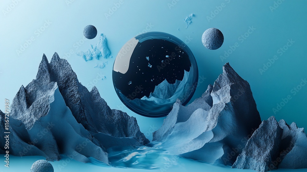 Poster abstract icy sphere landscape with floating planets.