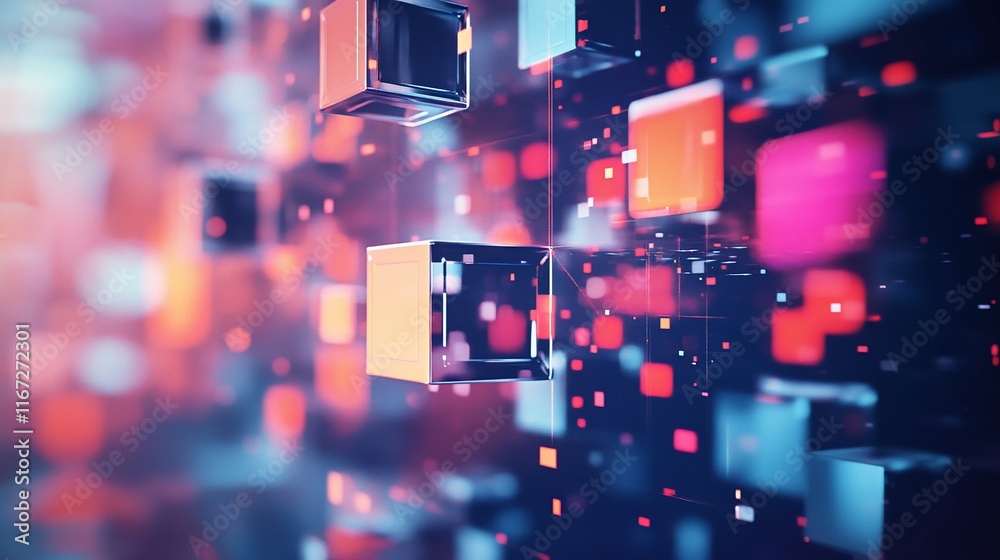Poster Abstract floating cubes on bokeh background.