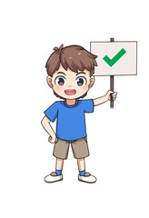 Cute Cartoon Child Holding a Red Cross Sign for Disapproval or Error