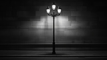 A solitary street lamp illuminates a dark, textured wall in a monochrome setting.